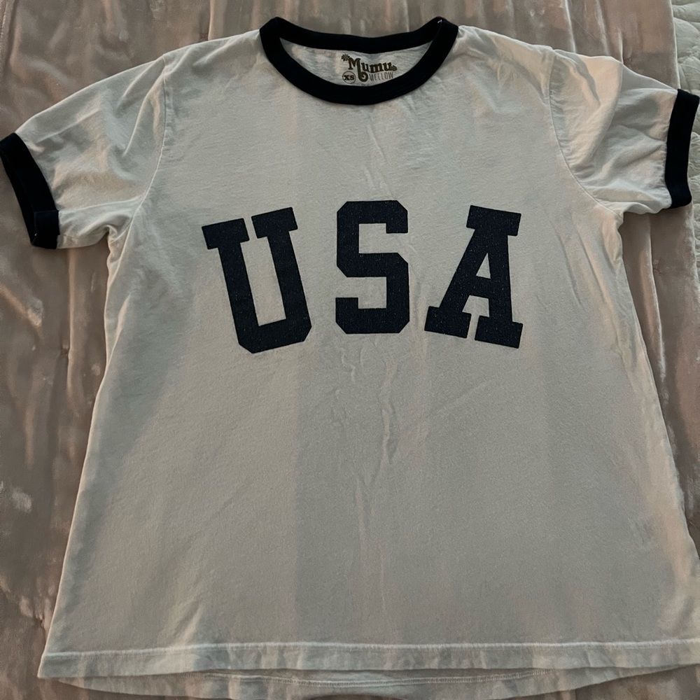 Show Me Your MuMu White Ringer Tee with Navy USA Lettering